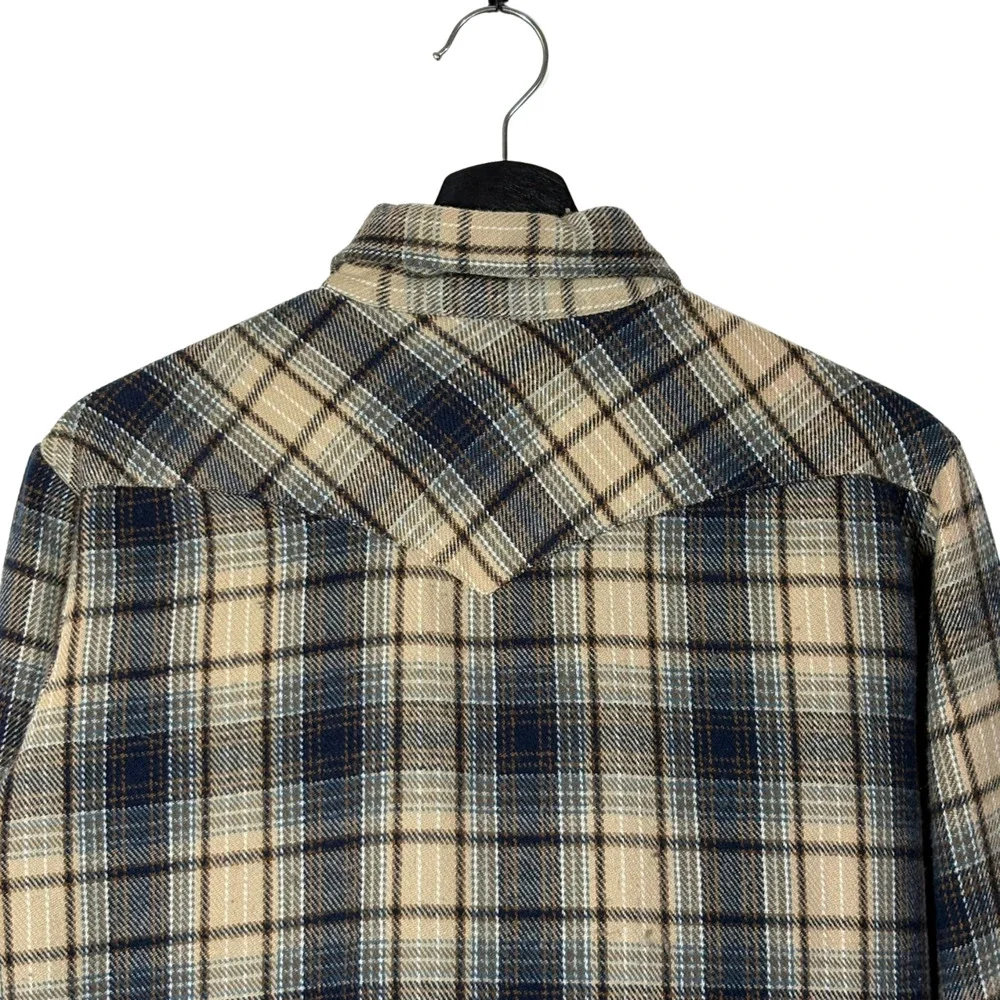 Tan Blue Shacket Pearl Snap Shirt Timber Run Flannel Plaid Boys Medium Vintage